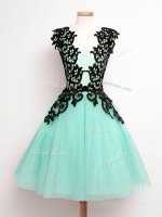 Knee Length Lace Up Quinceanera Dama Dress Turquoise for Prom and Party and Wedding Party with Lace