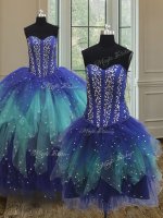Traditional Three Piece Multi-color Ball Gowns Sweetheart Sleeveless Tulle Floor Length Lace Up Beading and Ruffles 15 Quinceanera Dress(SKU PSSW055KC002BIZ)