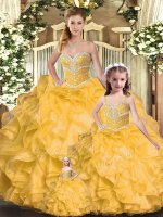 Graceful Gold Organza Lace Up Sweetheart Sleeveless Floor Length 15th Birthday Dress Beading and Ruffles