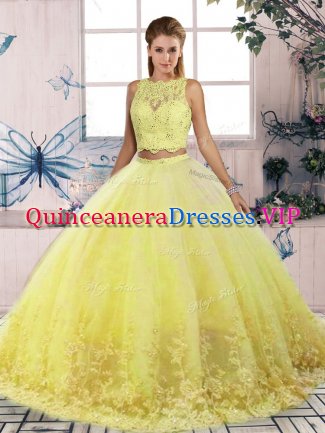 Tulle Scalloped Sleeveless Sweep Train Backless Lace Sweet 16 Quinceanera Dress in Yellow