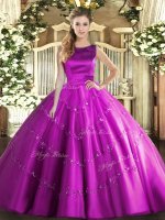 Fuchsia Tulle Lace Up Scoop Sleeveless Floor Length Sweet 16 Dresses Appliques(SKU SJQDDT1583002-2BIZ)