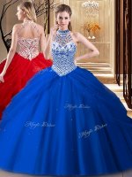 Hot Sale Halter Top With Train Lace Up Sweet 16 Dress Royal Blue for Military Ball and Sweet 16 and Quinceanera with Beading and Pick Ups Brush Train(SKU YSQD044BIZ)