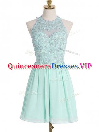 Sleeveless Chiffon Knee Length Lace Up Quinceanera Dama Dress in Apple Green with Appliques