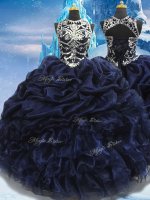 High-neck Sleeveless Lace Up 15th Birthday Dress Navy Blue Taffeta