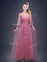 Fancy Pink Tulle Lace Up Quinceanera Court of Honor Dress Half Sleeves Floor Length Ruching and Bowknot
