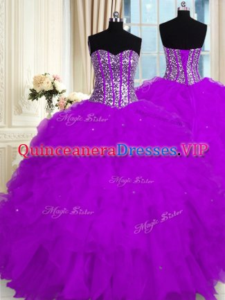 Purple Sleeveless Floor Length Beading and Ruffles Lace Up Vestidos de Quinceanera