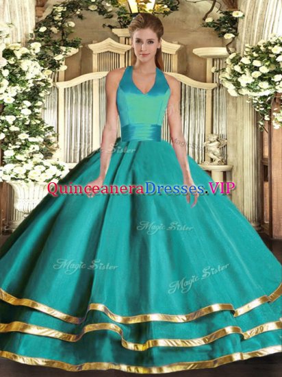 Flirting Halter Top Sleeveless Lace Up Quinceanera Dresses Turquoise Tulle - Click Image to Close