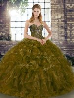 Custom Design Brown Lace Up Sweetheart Beading and Ruffles Quince Ball Gowns Organza Sleeveless