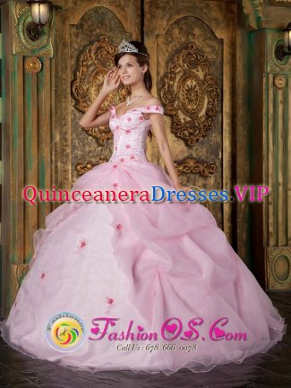 San Marcos California/CA Romantic Pink Off The Shoulder Organza Quinceanera Dress With Colorful Flowers