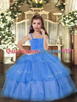 Customized Blue Lace Up Straps Ruffled Layers Child Pageant Dress Tulle Sleeveless