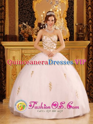 Byrdstown Tennessee/TN Elegant Appliques Decorate Bodice White Quinceanera Dress For Sweetheart Tulle Ball Gown