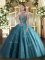 Teal Tulle Lace Up Quinceanera Gowns Sleeveless Floor Length Beading