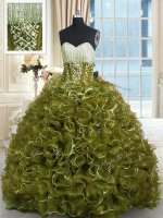 Olive Green Organza Lace Up Quinceanera Dresses Sleeveless With Brush Train Beading and Ruffles