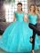 Chic Off The Shoulder Sleeveless Lace Up Ball Gown Prom Dress Aqua Blue Tulle