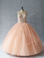 Low Price Floor Length Peach Sweet 16 Dress Tulle Sleeveless Beading