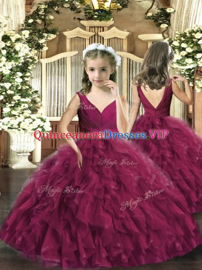 Beading and Ruffles Pageant Gowns For Girls Burgundy Backless Sleeveless Floor Length - Click Image to Close