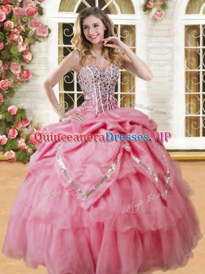 Latest Watermelon Red Quince Ball Gowns Military Ball and Sweet 16 and Quinceanera with Beading and Pick Ups Sweetheart Sleeveless Lace Up - Click Image to Close