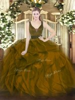 Brown Zipper 15th Birthday Dress Beading and Ruffles Sleeveless Floor Length