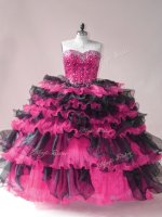 Lace Up Sweet 16 Dresses Pink And Black for Sweet 16 and Quinceanera with Beading and Ruffled Layers