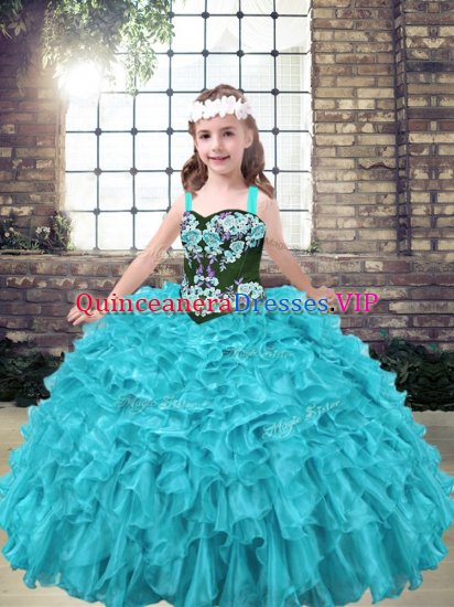 Floor Length Aqua Blue and Turquoise Little Girl Pageant Dress Straps Sleeveless Lace Up - Click Image to Close