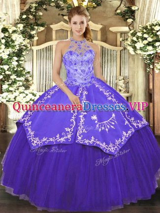 Purple Ball Gowns Halter Top Sleeveless Satin and Tulle Floor Length Lace Up Beading and Embroidery Sweet 16 Quinceanera Dress