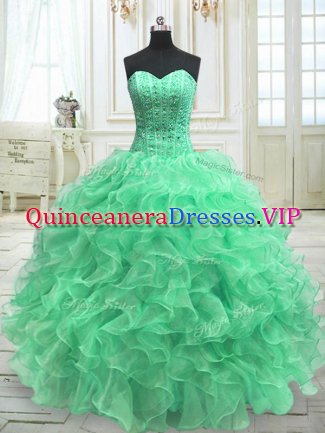Customized Green Lace Up Sweetheart Beading and Ruffles 15th Birthday Dress Organza Sleeveless