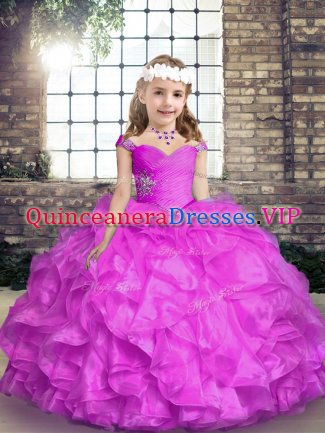 Organza Straps Sleeveless Lace Up Beading and Ruffles Pageant Dress for Teens in Lilac
