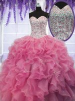 Perfect Sequins Rose Pink Sleeveless Organza Lace Up Sweet 16 Dress for Military Ball and Sweet 16 and Quinceanera(SKU PSSW039-7BIZ)