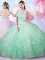 Apple Green Lace Up High-neck Beading and Ruffles Quince Ball Gowns Tulle Sleeveless