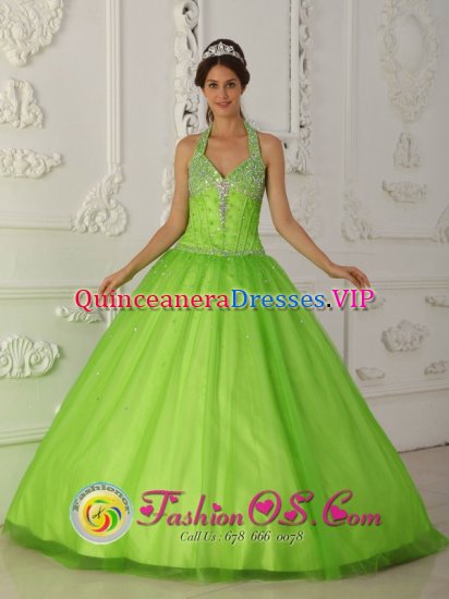 Cortez Colorado/CO A-line Popular Spring Green Halter-top Quinceanera Gowns With Tulle Beaded Decorate - Click Image to Close