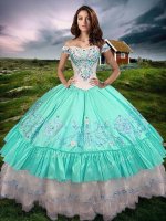 Lovely Off The Shoulder Sleeveless Lace Up Quince Ball Gowns Aqua Blue Taffeta