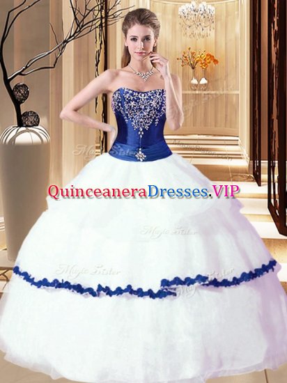 White and Royal Blue Strapless Lace Up Beading and Ruffled Layers Quince Ball Gowns Sleeveless - Click Image to Close