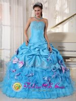 Appliques Decorate Bust Strapless Romantic Aqua Quinceanera Dress With Pick-ups and Bowknot Ball Gown In Dickinson North Dakota/ND(SKU PDZY747-EBIZ)