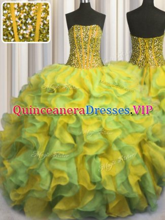 Visible Boning Bling-bling Multi-color Strapless Neckline Beading and Ruffles Sweet 16 Dress Sleeveless Lace Up