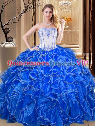 Custom Made Royal Blue Sleeveless Floor Length Embroidery and Ruffles Lace Up Quince Ball Gowns