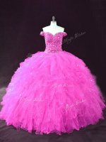 Best Fuchsia Sleeveless Tulle Lace Up Quince Ball Gowns for Sweet 16 and Quinceanera