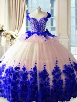 Blue And White Scoop Neckline Hand Made Flower Quince Ball Gowns Sleeveless Zipper