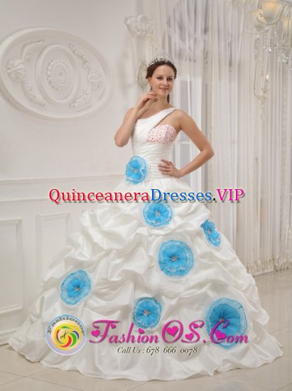 Clyro Powys Beautiful One Shoulder Neckline White Flowers Decorate Quinceanera Dress With ruffles - Click Image to Close