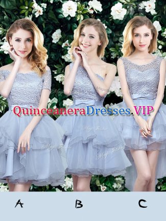 Fancy Off The Shoulder Sleeveless Damas Dress Mini Length Lace and Ruffles and Belt Grey Organza