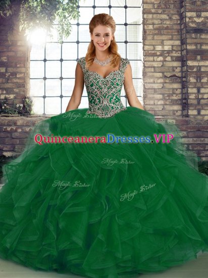 Unique Green Straps Neckline Beading and Ruffles Quinceanera Dress Sleeveless Lace Up - Click Image to Close