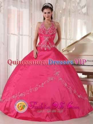 Augusta Georgia/GA Fabulous Red Taffeta Halter Top and Appliques Decorate Bodice For Quinceanera Dress Ball Gown
