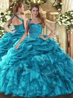 Inexpensive Teal Quinceanera Dresses Military Ball and Sweet 16 and Quinceanera with Ruffles and Pick Ups Halter Top Sleeveless Lace Up(SKU SJQDDT1642002BIZ)