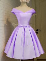 Romantic Cap Sleeves Knee Length Belt Lace Up Dama Dress with Lavender