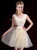 New Style Lace and Appliques and Belt Quinceanera Court Dresses Champagne Lace Up Sleeveless Mini Length