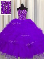 Vintage Visible Boning Purple Lace Up Vestidos de Quinceanera Beading and Ruffles and Sequins Sleeveless Floor Length