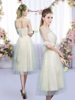 Half Sleeves Tulle Tea Length Lace Up Court Dresses for Sweet 16 in Champagne with Lace and Bowknot(SKU BMT0452BBIZ)