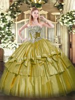 Sleeveless Organza and Taffeta Floor Length Lace Up Ball Gown Prom Dress in Olive Green with Beading and Ruffled Layers