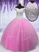 Fabulous Off the Shoulder Hot Pink Tulle Lace Up 15th Birthday Dress Short Sleeves Floor Length Beading