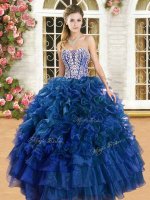 Best Selling Sleeveless Organza Floor Length Lace Up 15th Birthday Dress in Royal Blue with Beading and Ruffles and Ruffled Layers(SKU YSQD013-2BIZ)