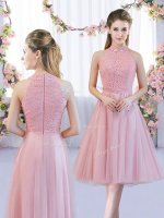 Comfortable Pink A-line Tulle High-neck Sleeveless Lace Tea Length Zipper Quinceanera Court Dresses